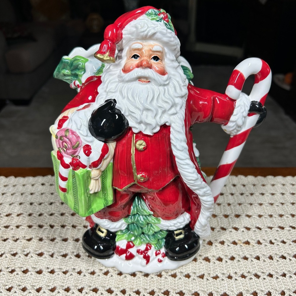 Vtg Home Interiors Ceramic Santa Christmas Pitcher Candy Cane Handle Holiday 11"